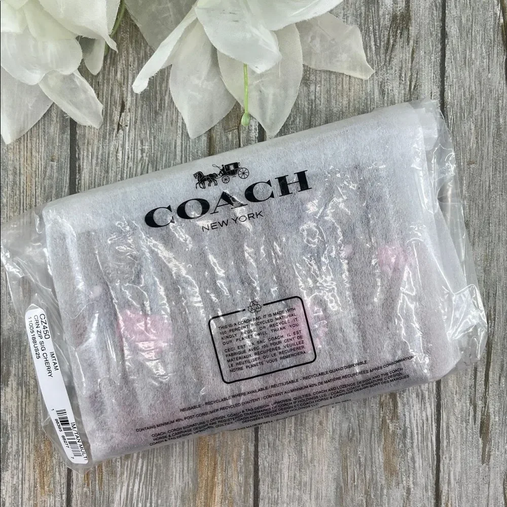 Coach Corner Zip Wristlet In Signature Canvas Cherry Print Wallet Bag Purse